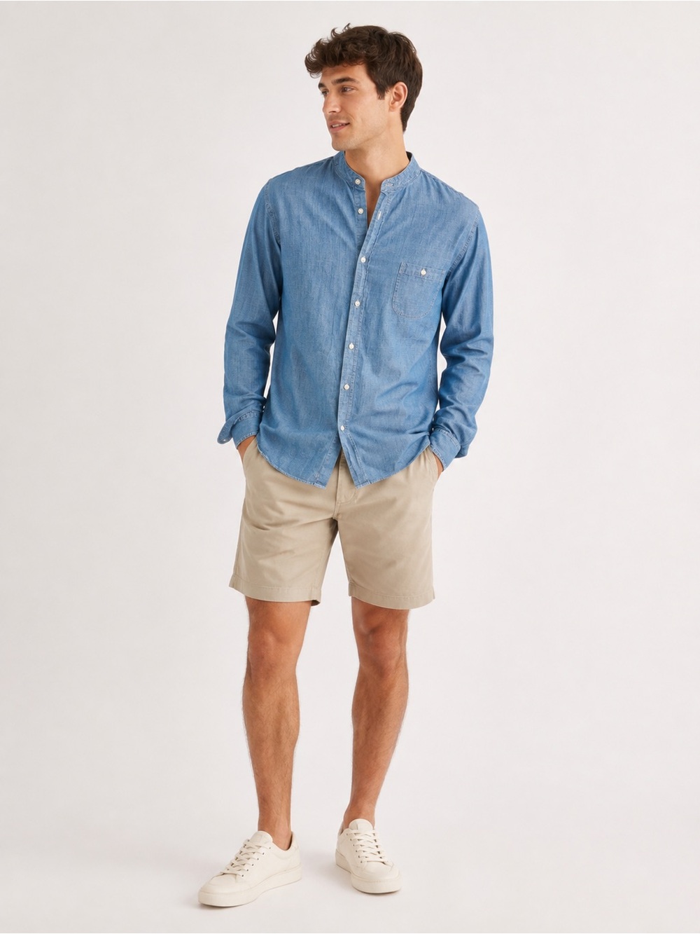 Aéropostale Men’s Blue Chambray Band Collar Button-Up Shirt